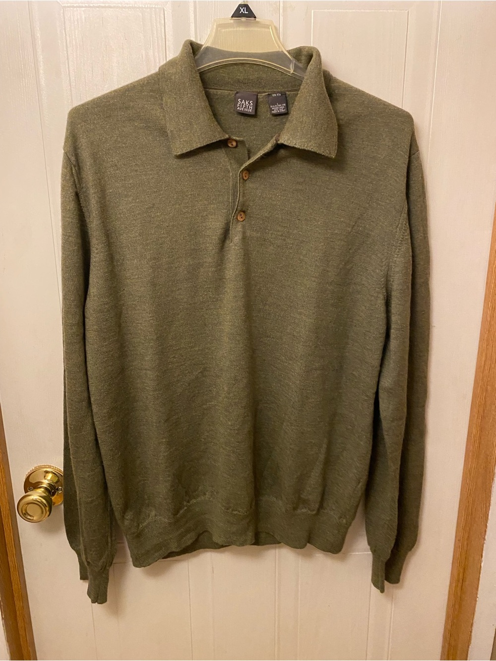Saks Fifth Avenue Italian Olive Green Men's Collared Silk/Wool Sweater